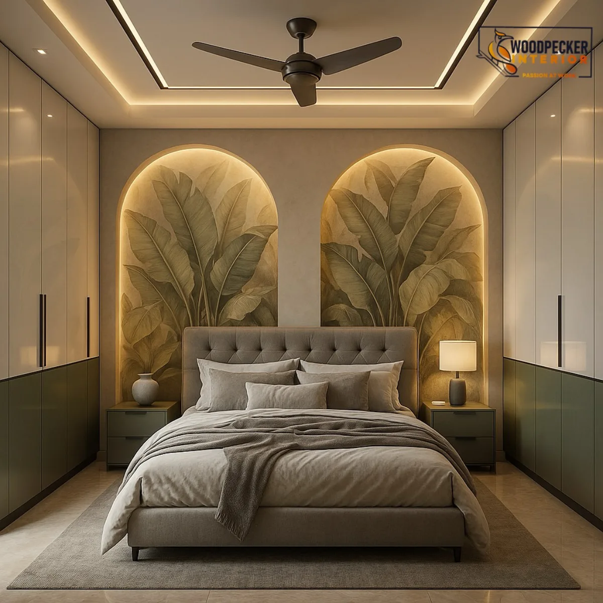 Desain kamar tidur suami istri ukuran 3x3 meter dengan aksen dinding lengkung bermotif daun tropis, pencahayaan LED hangat, dan lemari pakaian simetris di sisi kiri dan kanan kasur
