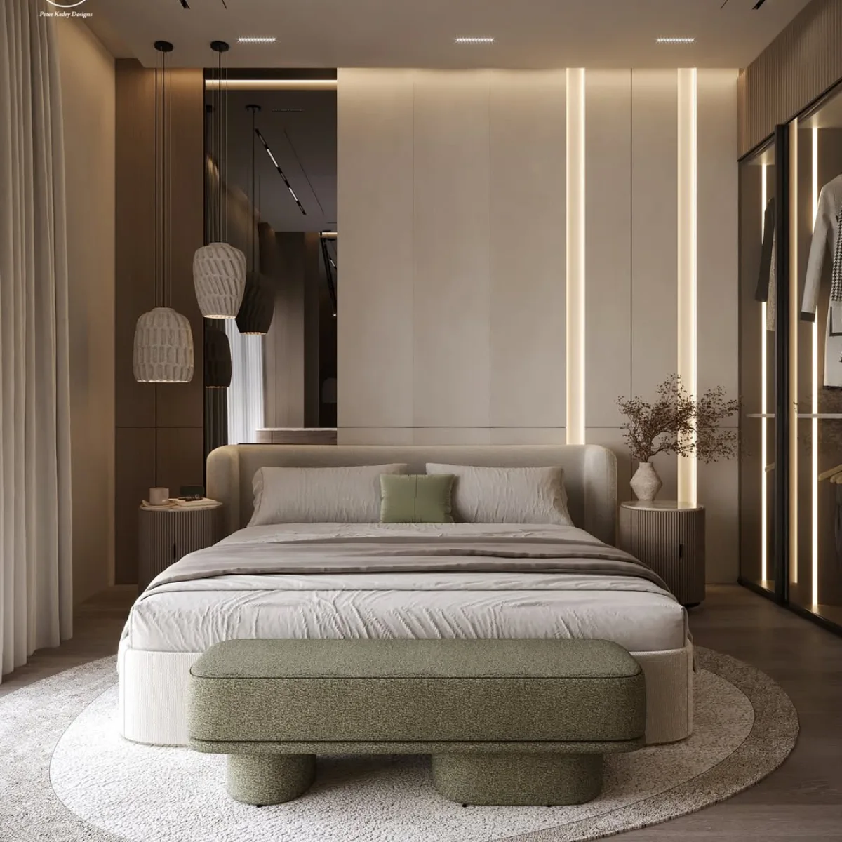 Inspirasi kamar tidur 3x3 meter bergaya modern elegan yang menampilkan bench hijau olive, lemari pakaian pintu kaca, dan lampu gantung bertekstur unik di atas nakas