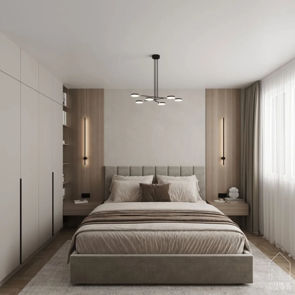 Kamar tidur minimalis 3x3 meter dengan dominasi warna krem, dilengkapi panel kayu vertikal di area nakas, lemari pakaian built-in yang rapi, dan lampu gantung modern minimalis