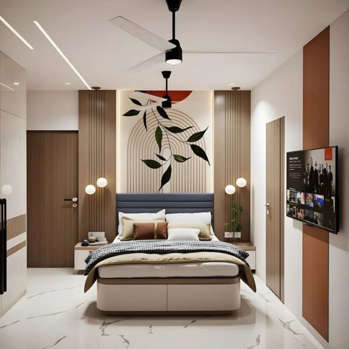 Kamar tidur estetik dengan dekorasi dinding motif daun hitam dan lingkaran merah, panel kayu dengan lampu globe, serta TV yang terpasang rapi di dinding samping.