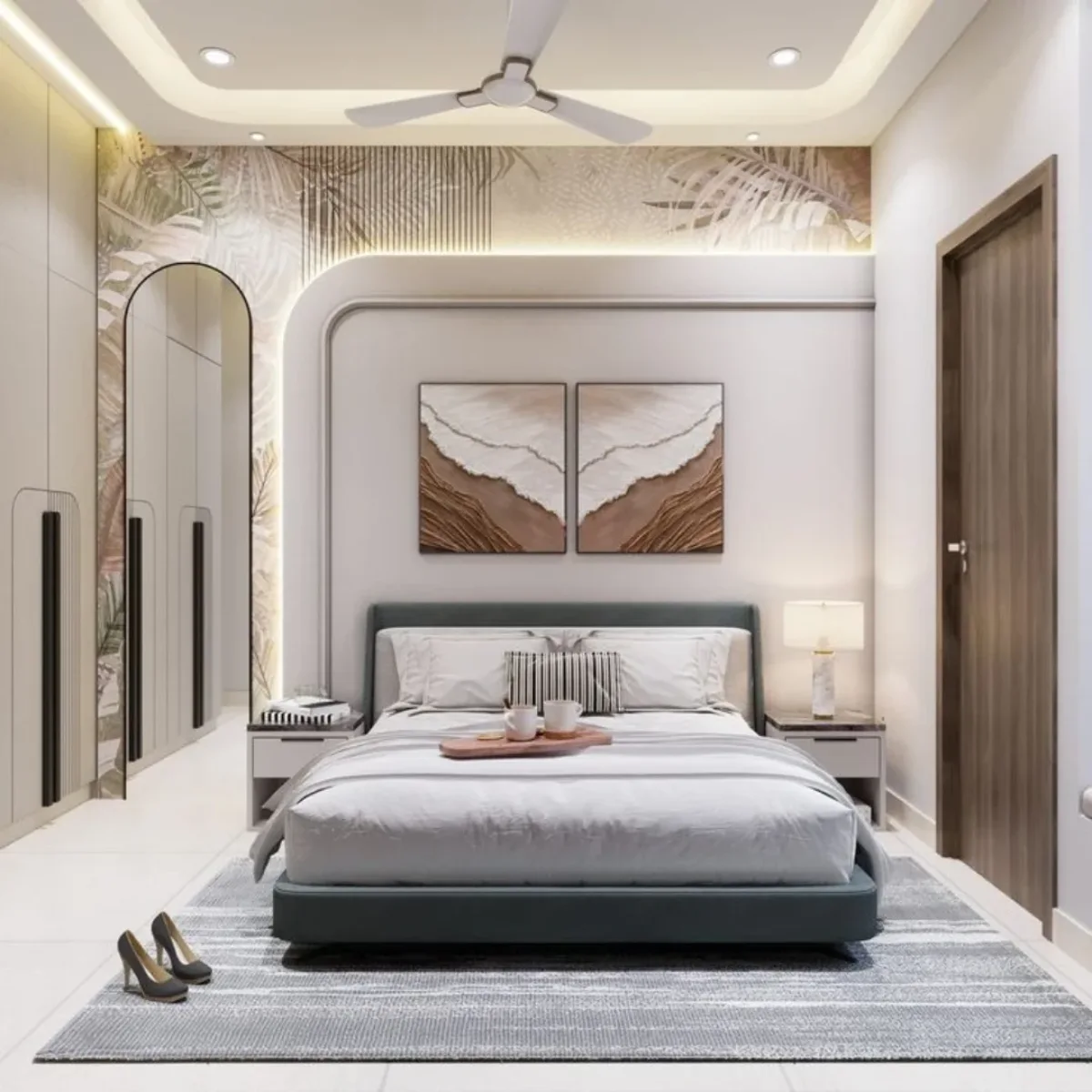 Desain kamar tidur minimalis dengan lukisan ombak abstrak cokelat, cermin lengkung tinggi di depan lemari, dan karpet abu-abu bergaris di atas lantai putih bersih.