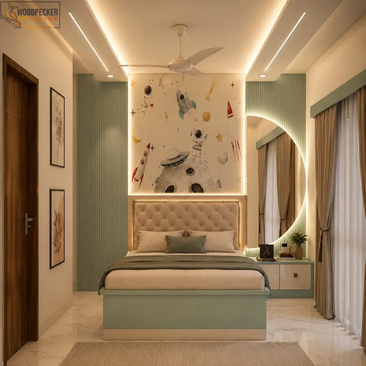 Kamar tidur unik bertema luar angkasa dengan mural astronaut, dinding bergaris warna hijau mint, cermin bulat besar dengan lampu latar, dan furnitur minimalis.