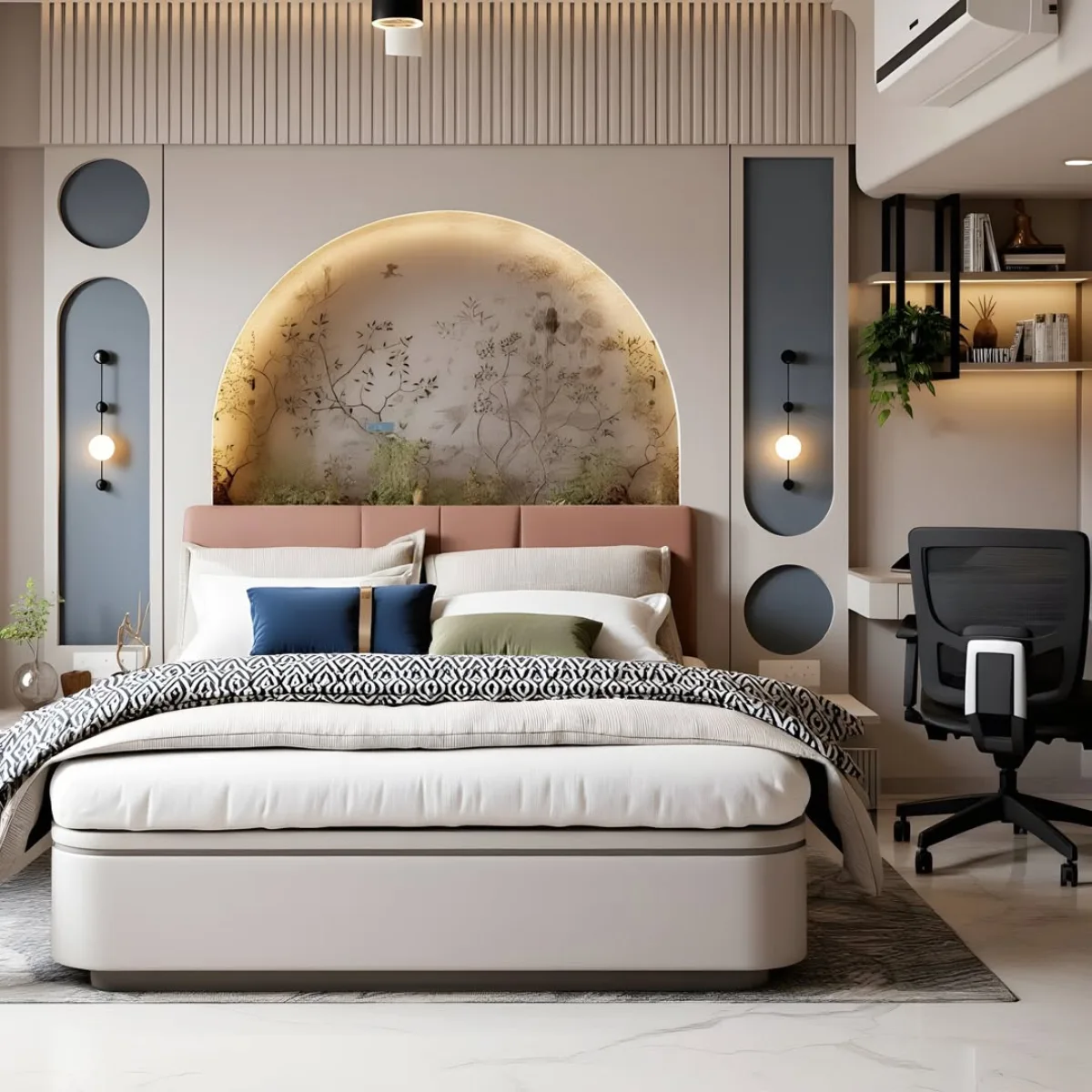 Kamar tidur fungsional dengan meja kerja di sudut ruangan, mural pohon dalam bingkai lengkung di belakang tempat tidur, serta kombinasi warna biru dan krem yang menenangkan.