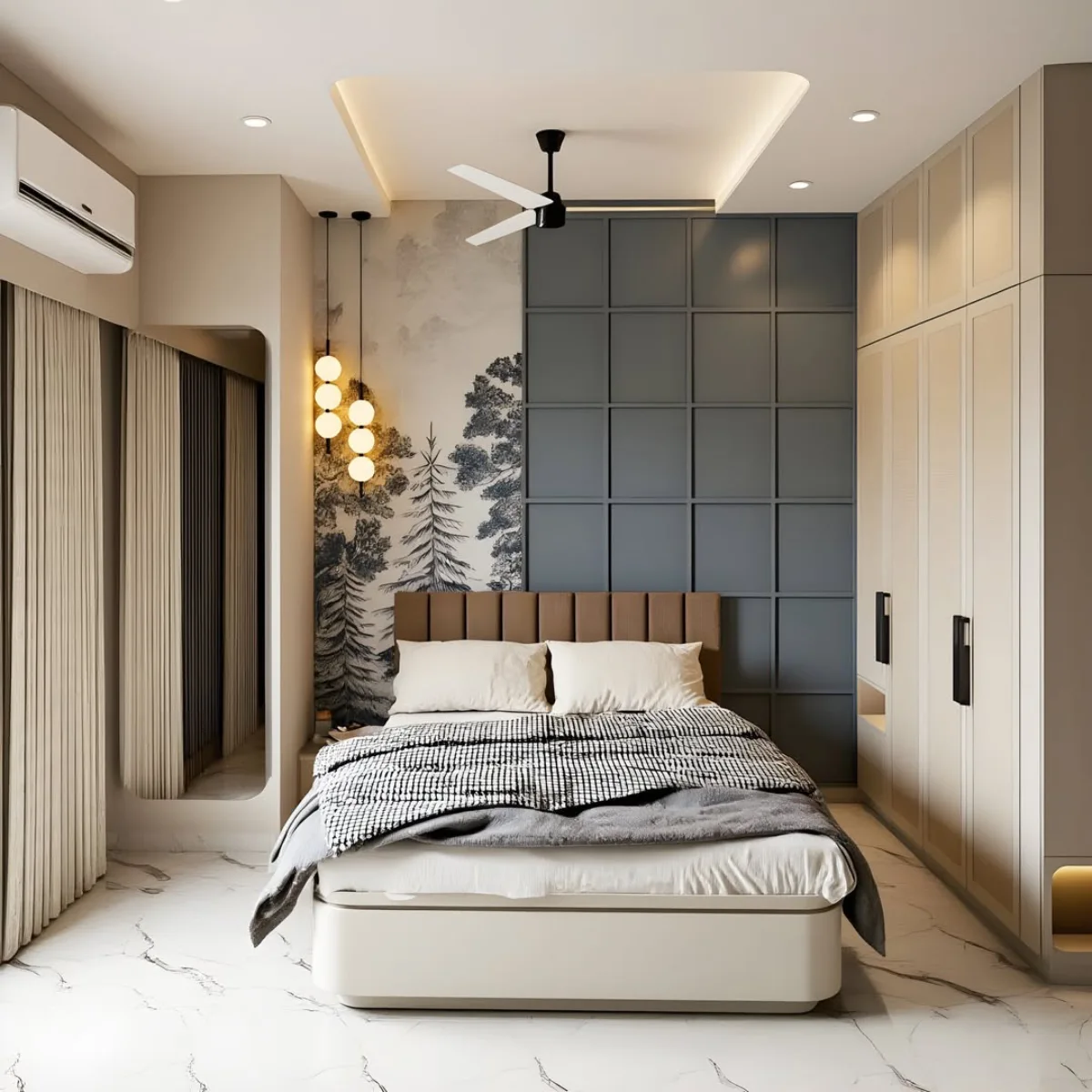 Desain kamar tidur dengan dinding aksen kotak-kotak biru gelap, wallpaper pohon pinus monokrom, lemari pakaian tinggi warna krem, dan lampu gantung bulat yang estetik.