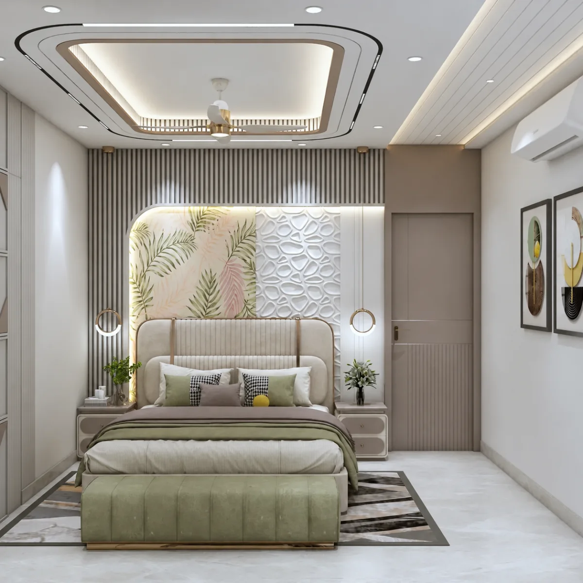 Kamar tidur bernuansa cerah dengan wallpaper daun tropis, panel dinding 3D bertekstur putih, ranjang krem dengan bench hijau sage, dan plafon dekoratif dengan kipas angin.