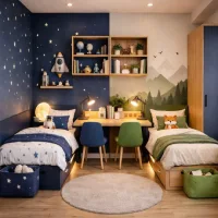 kamar anak kembar modern dengan dua ranjang sejajar tema luar angkasa dan alam dilengkapi meja belajar tengah dan pencahayaan hangat