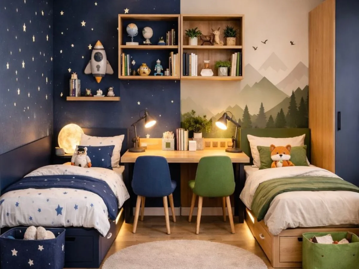 kamar anak kembar modern dengan dua ranjang sejajar tema luar angkasa dan alam dilengkapi meja belajar tengah dan pencahayaan hangat