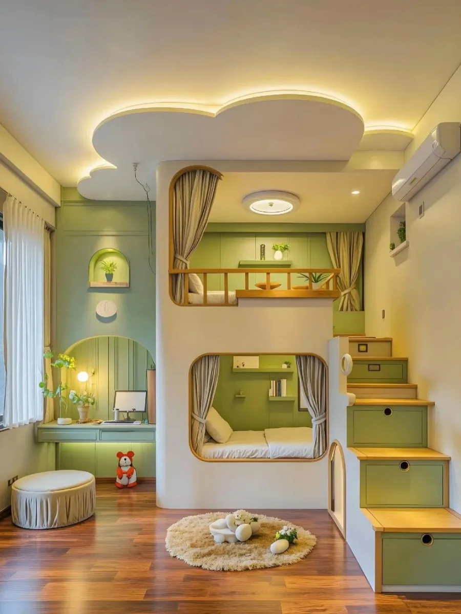 kamar anak yang didesain secara khusus dengan tempat tidur tingkat yang terintegrasi ke dalam ceruk melengkung berwarna krem. Tempat tidur bawah dikelilingi gorden, dan tempat tidur atas memiliki pagar kayu. Di sebelah kanan ada tangga laci kayu yang serasi. Di sebelah kiri terdapat meja belajar hijau built-in dengan rak dinding dan tanaman hias. Dindingnya berwarna hijau sage, dan langit-langitnya berbentuk awan dengan pencahayaan tersembunyi.