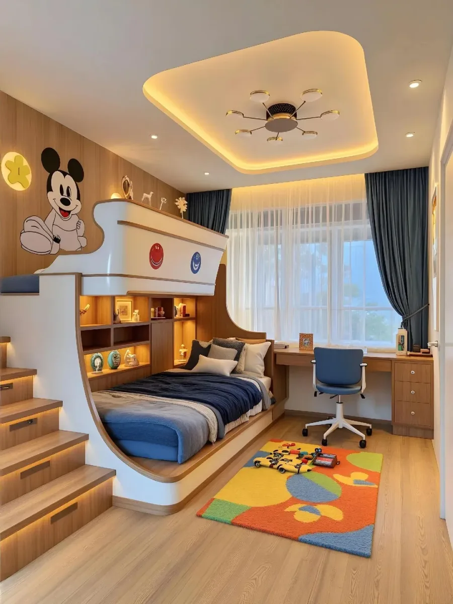 Kamar tidur anak yang modern dan fungsional dengan tempat tidur susun terintegrasi, tangga kayu, area belajar di dekat jendela besar dengan tirai biru tua, dan mural dinding Mickey Mouse.