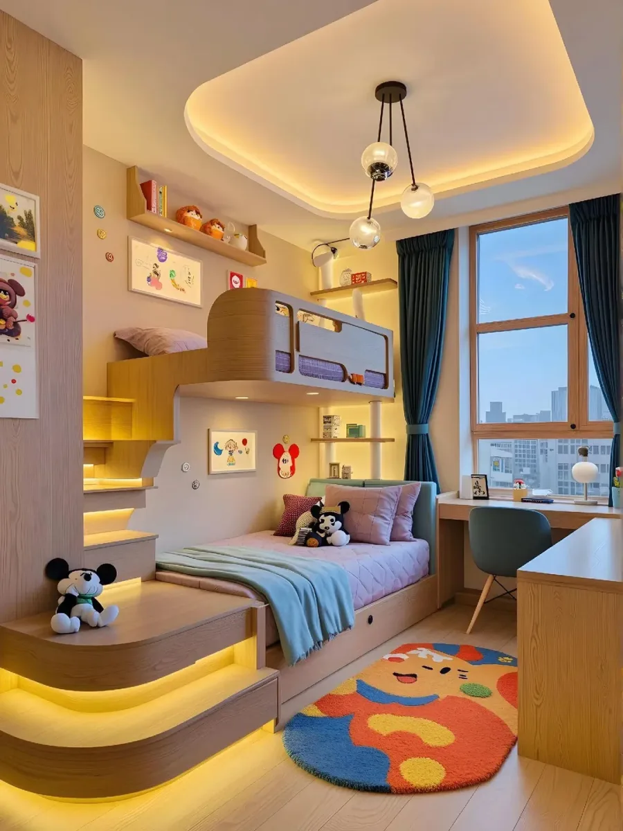 Interior kamar tidur anak dengan tempat tidur susun kayu, tangga samping dengan penyimpanan terbuka, area belajar di dekat jendela dengan pemandangan kota, dan dekorasi Mickey Mouse yang menggemaskan serta karpet singa warna-warni.