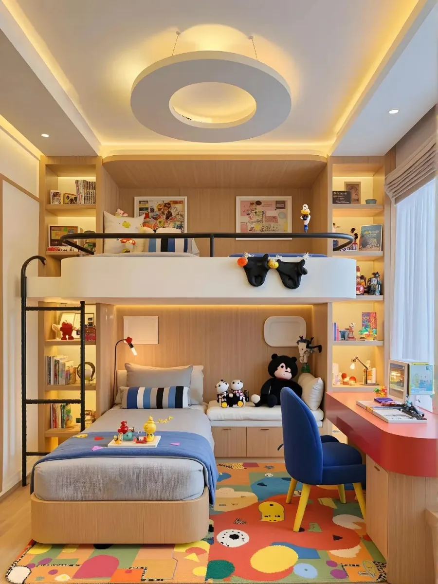 Kamar tidur anak yang dirancang khusus dengan tempat tidur susun terintegrasi, rak buku luas di kedua sisi, area duduk santai dengan boneka beruang besar, meja belajar merah muda cerah dengan kursi biru, dan karpet lantai berwarna-warni.