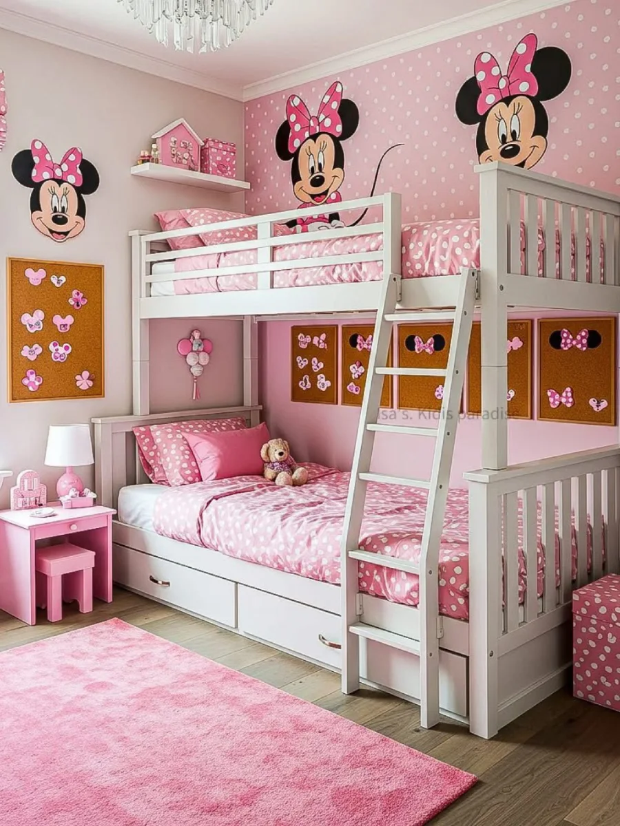 Kamar tidur anak yang menggemaskan dengan tema Minnie Mouse berwarna pink, tempat tidur susun putih, seprai polkadot pink, mural dinding Minnie Mouse besar, papan gabus berbentuk pita, dan karpet merah muda.