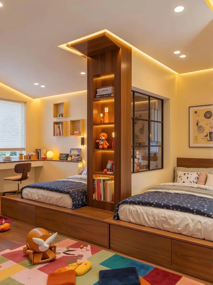 kamar tidur anak kembar yang menampilkan dua tempat tidur terpisah yang dipisahkan oleh pilar rak buku kayu kenari yang tinggi dan diterangi. Ada meja belajar dan kursi di latar belakang, dengan jendela besar di sebelah kiri dan karpet geometris di lantai kayu.