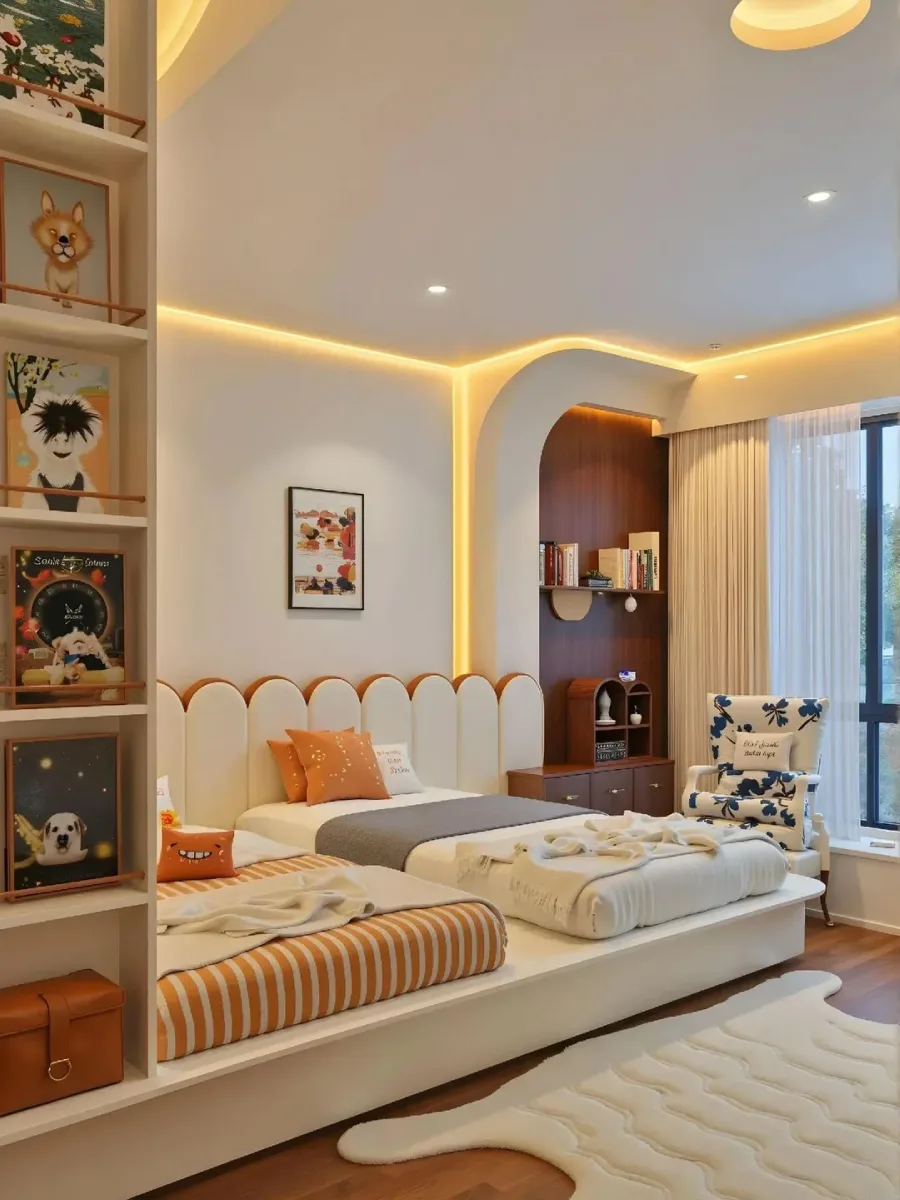 kamar tidur anak kembar dengan dua tempat tidur terpisah yang memiliki headboard empuk bergelombang berwarna putih. Tempat tidurnya memiliki sprei bergaris oranye dan sprei putih dengan selimut. Terdapat rak buku terbuka tinggi dengan bingkai foto hewan di sebelah kiri, dan kursi aksen bermotif floral biru di dekat jendela.