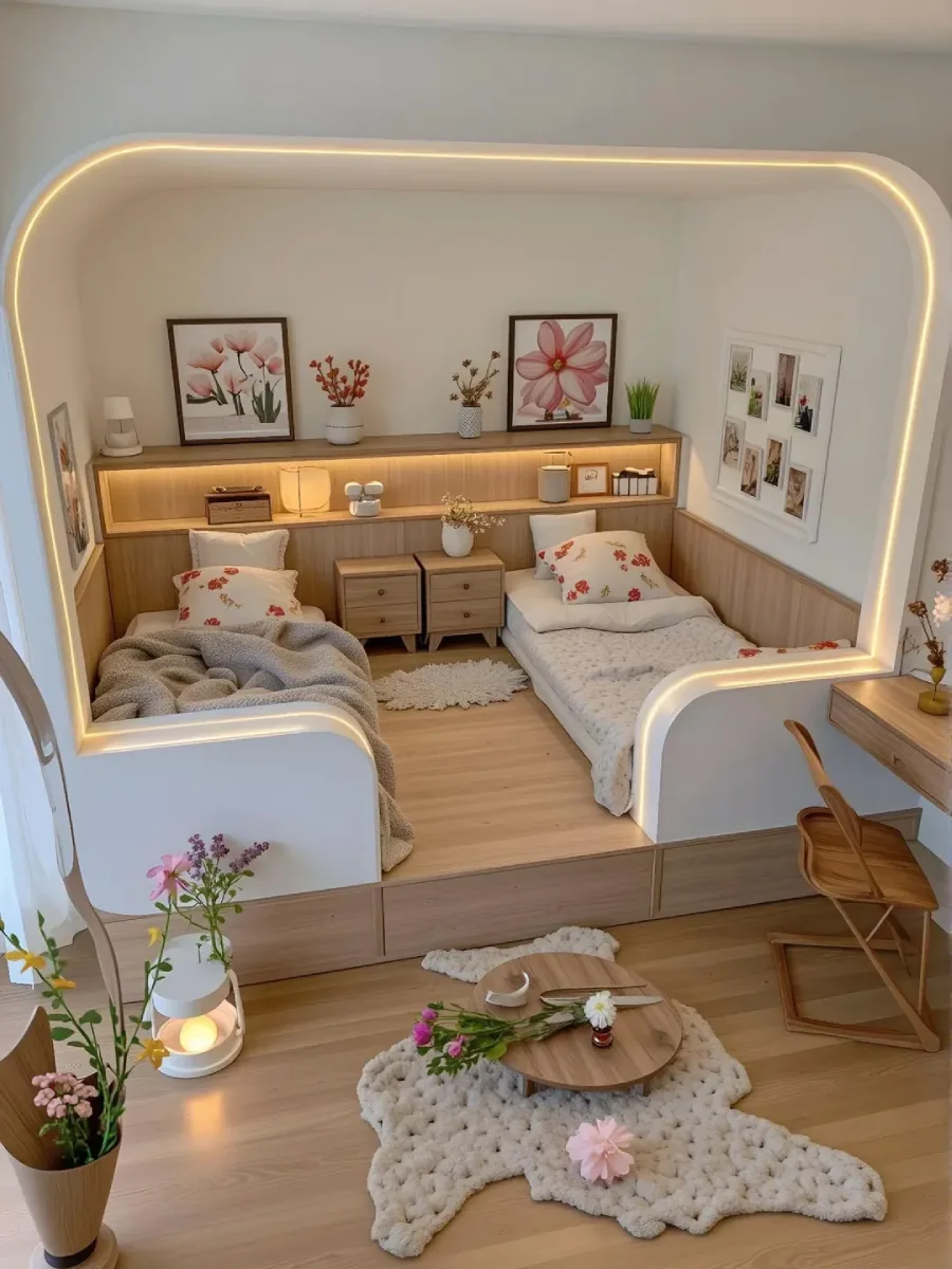 kamar tidur anak kembar yang unik, menampilkan dua tempat tidur low-profile yang diletakkan berhadapan di dalam ceruk (nook) lengkung kayu berlantai tinggi yang dikelilingi pencahayaan LED tersembunyi. Rak buku gantung di bagian belakang menampilkan karya seni botani dan foto. Terdapat meja samping bulat kecil dengan bunga di luar ceruk.