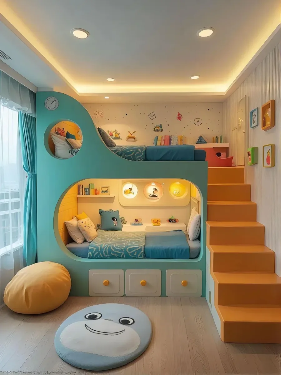 kamar tidur anak yang didesain secara khusus dengan tempat tidur tingkat built-in berwarna biru muda yang melengkung. Tempat tidur bawah berada dalam ceruk oval besar, dan tempat tidur atas diakses melalui tangga oranye di sebelah kanan. Dindingnya berwarna putih dengan motif bintik-bintik, dihiasi rak buku dan jendela besar dengan gorden biru. Karpet bundar biru dengan wajah senyum dan bean bag oranye di lantai kayu.