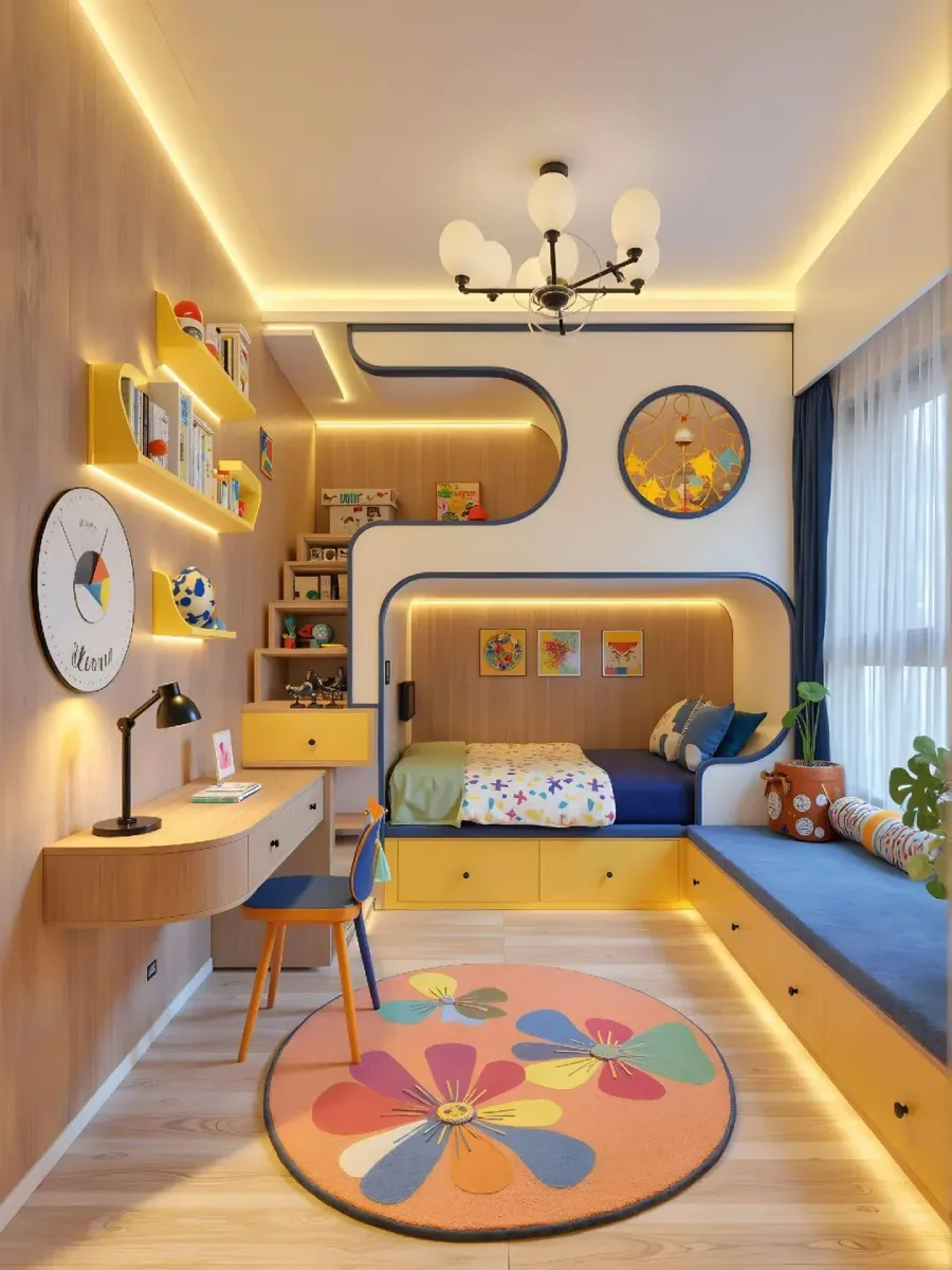 kamar anak minimalis modern dengan tempat tidur tingkat built-in dari kayu dan panel putih. Tempat tidur bawah berada di dalam ceruk melengkung dengan pencahayaan built-in, di sebelahnya ada window seat biru. Tangga laci kayu di sebelah kiri. Meja belajar kayu built-in dengan rak dinding kuning di sebelah kiri. Lantai kayu dengan karpet bundar bermotif bunga warna-warni dan jam dinding besar.