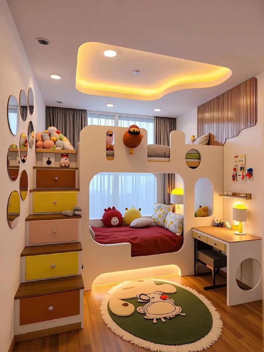 kamar anak dengan tempat tidur tingkat putih minimalis. Tempat tidur bawah memiliki cut-out persegi besar untuk akses. Tangga laci kayu di sebelah kiri dengan mainan boneka. Cermin melingkar di dinding putih. Meja belajar kayu dengan lampu meja kuning di sebelah kanan. Langit-langit melengkung dengan cahaya tersembunyi dan karpet bundar hijau di lantai kayu dengan mainan boneka.