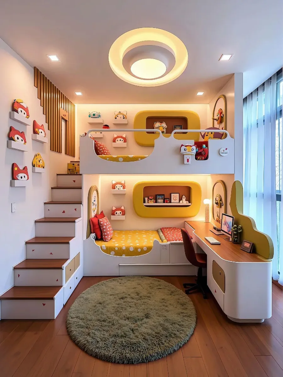 kamar anak dengan tempat tidur tingkat putih dan kuning mustard. Di sebelah kiri, terdapat tangga kayu dengan laci penyimpanan built-in, dihiasi rak dinding dan bantal berbentuk kepala rubah berwarna merah dan kuning. Di sebelah kanan, ada meja belajar kayu yang menyatu dengan lemari penyimpanan melengkung, lengkap dengan kursi merah. Langit-langitnya memiliki lampu melingkar besar, dan lantai kayu dilapisi karpet bundar hijau.