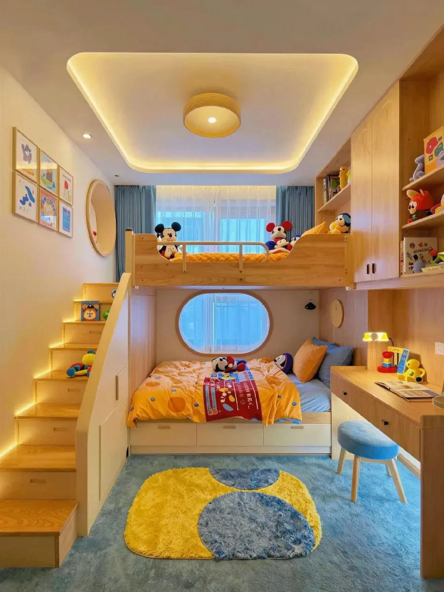 kamar tidur anak berdesain kayu alami dengan tempat tidur tingkat. Tempat tidur bawah memiliki jendela lubang intip berbentuk oval. Tangga laci kayu di sebelah kiri memiliki pencahayaan LED di setiap anak tangga. Di sudut kanan terdapat rak buku penuh mainan dan meja belajar dengan bangku biru. Jendela besar di belakang tertutup gorden biru, dan lantai dilapisi karpet bundar bermotif kuning dan biru.
