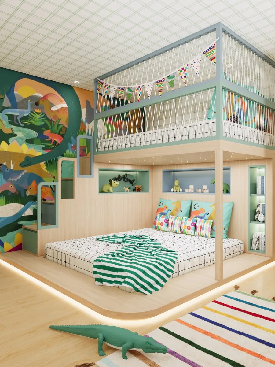 Interior kamar anak dengan permainan tekstur dinding yang kreatif.