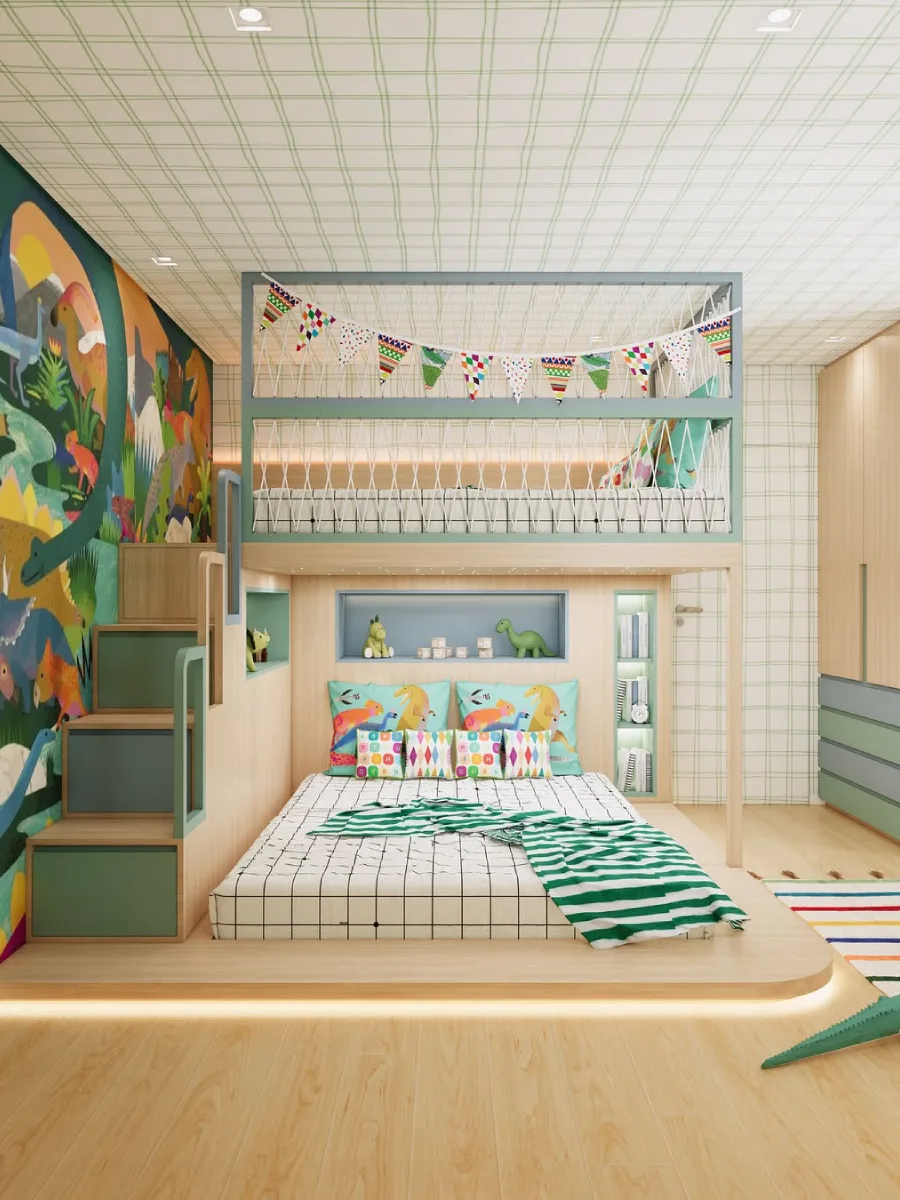 Desain kamar remaja minimalis dengan detail dekorasi metalik.