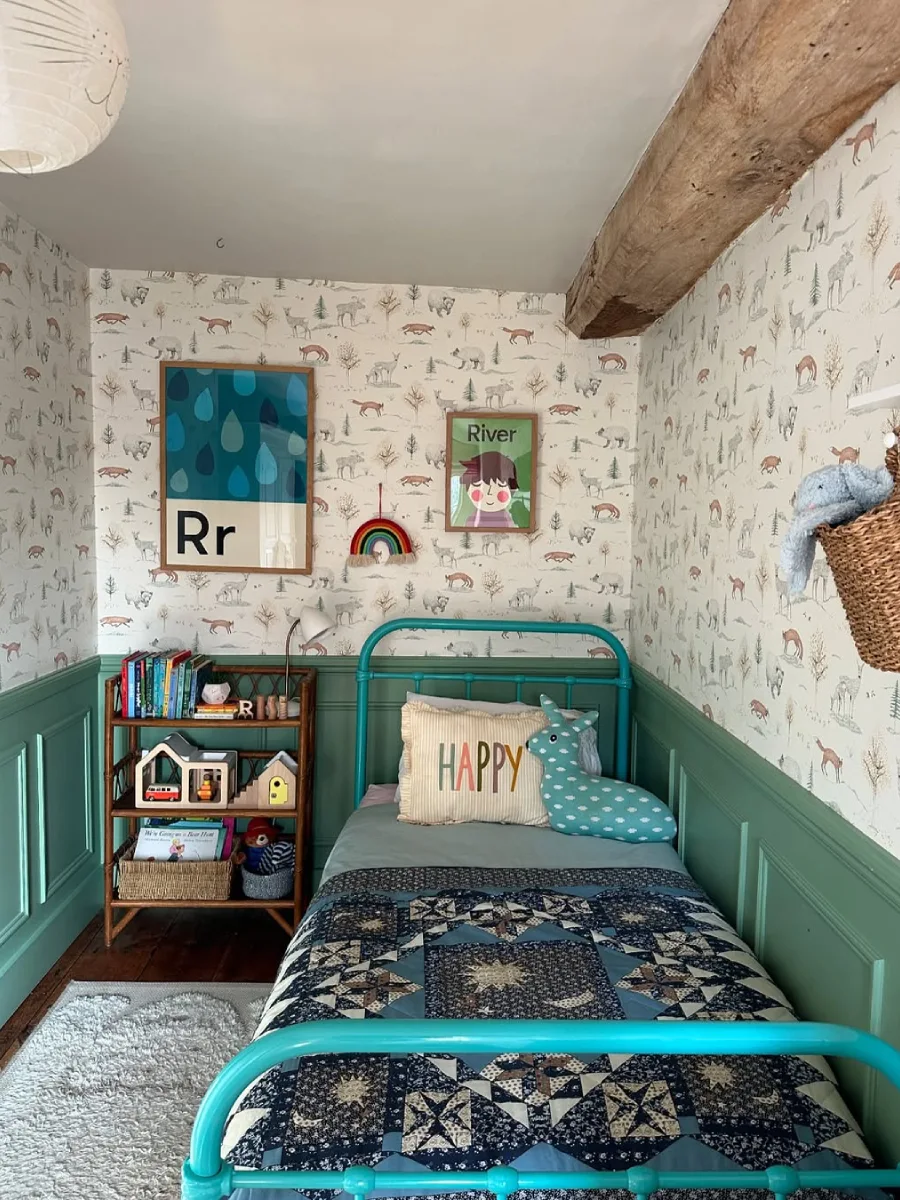 Kamar anak bertema petualangan dengan dekorasi dinding bergambar peta.