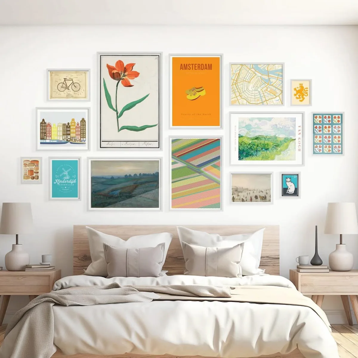 Gallery wall kamar tidur estetik dengan susunan bingkai putih berisi aneka poster warna-warni seperti ilustrasi bunga tulip merah dan pemandangan alam