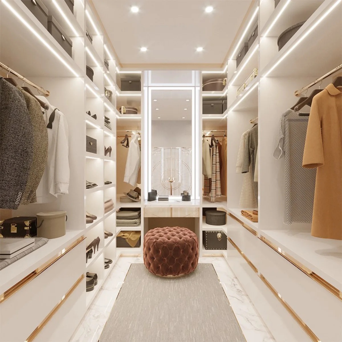 Ruangan walk-in closet khusus dengan deretan lemari pakaian terbuka yang memenuhi sisi kiri dan kanan dinding