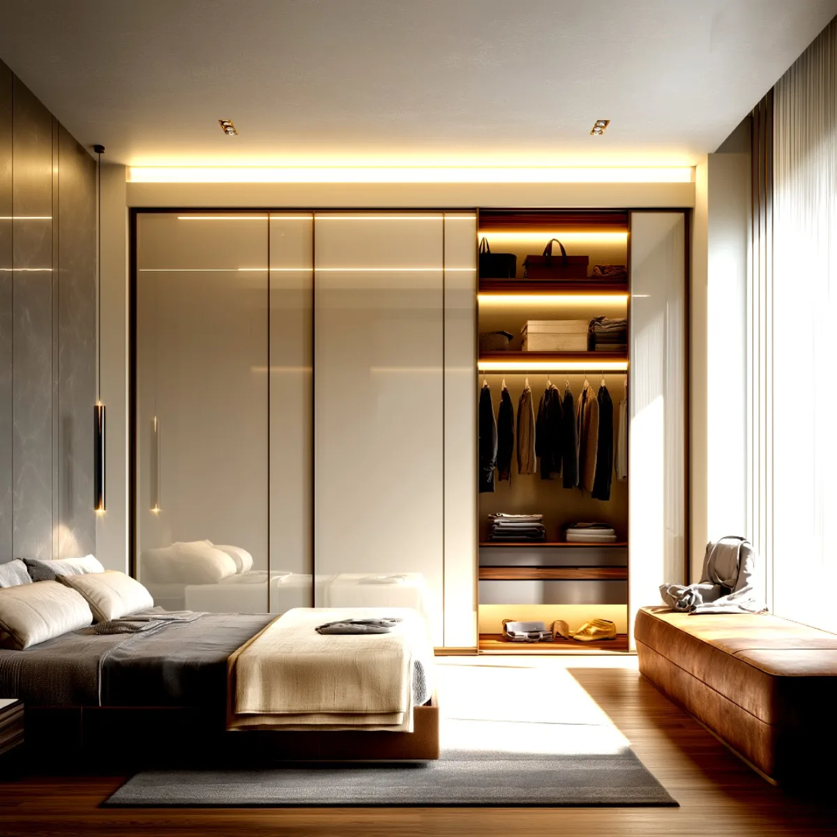 Lemari pakaian berdesain modern di dalam kamar tidur yang menggunakan model pintu geser atau sliding door untuk menghemat ruang