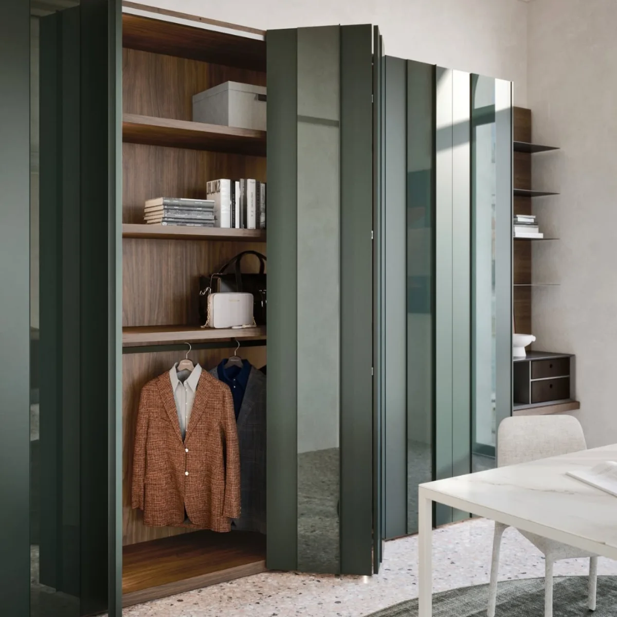Lemari pakaian elegan berwarna hijau gelap dengan model pintu lipat atau folding door yang sedang terbuka sebagian