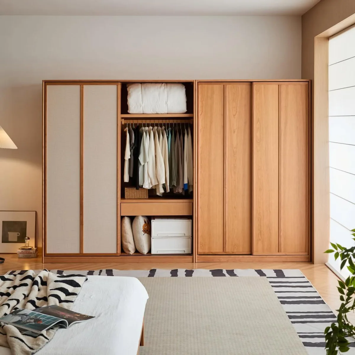 Lemari pakaian material kayu solid bergaya minimalis dengan sistem pintu geser