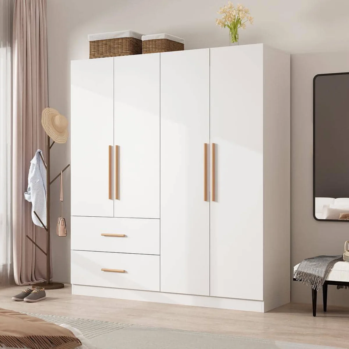 Lemari pakaian material kayu olahan atau particle board berwarna putih dengan gagang laci kayu