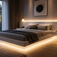 floating bed minimalis dengan lampu LED di bawah rangka, desain modern melayang di kamar tidur hangat dengan jendela besar dan pencahayaan lembut