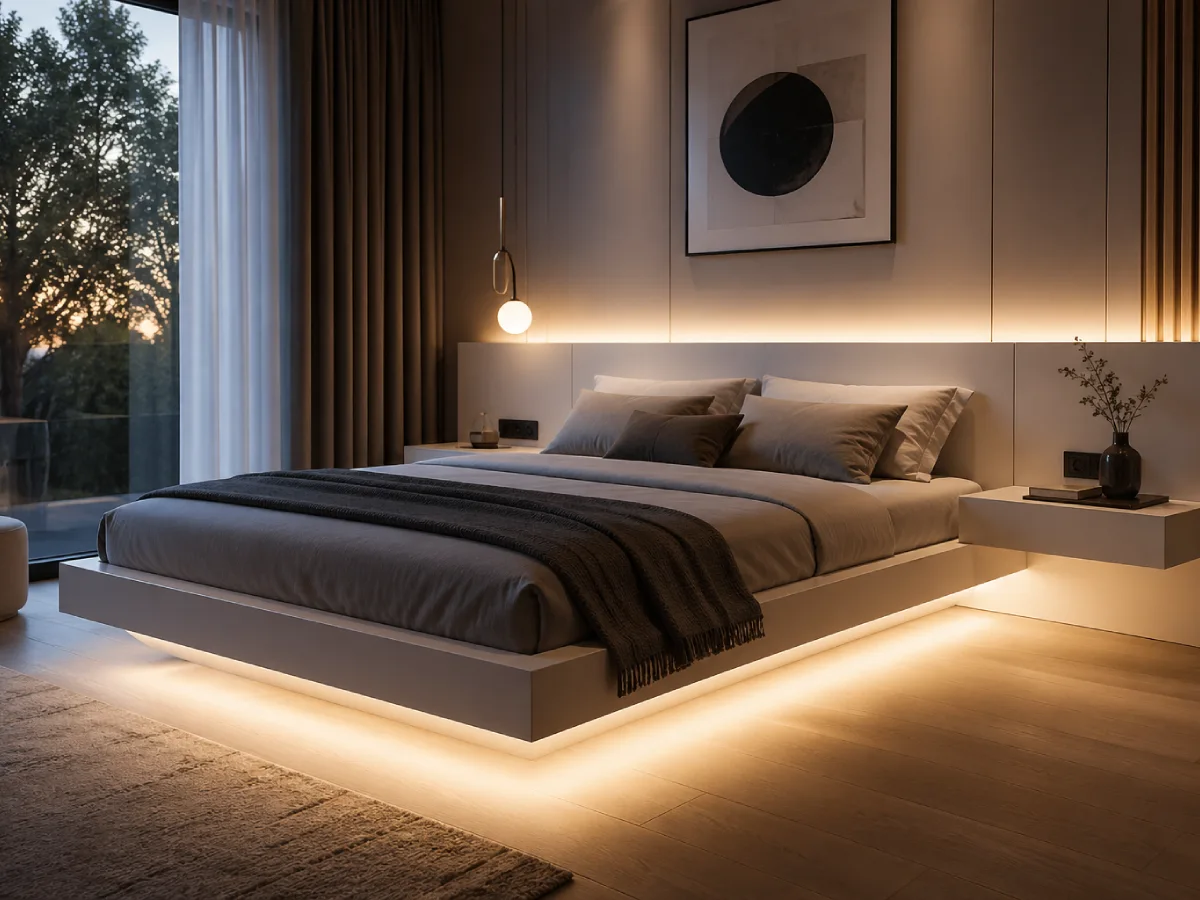 floating bed minimalis dengan lampu LED di bawah rangka, desain modern melayang di kamar tidur hangat dengan jendela besar dan pencahayaan lembut