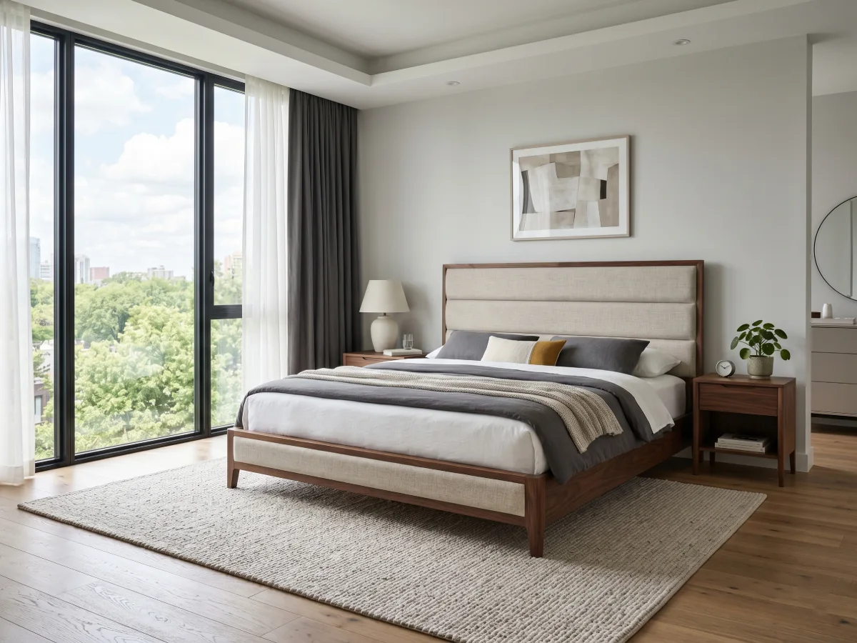 Tempat tidur platform bed kayu dengan sandaran kepala empuk di kamar tidur modern yang memiliki jendela kaca besar