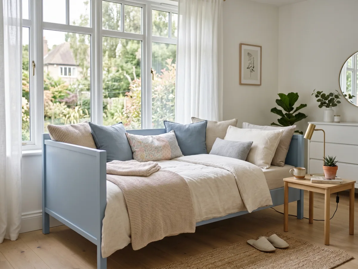 Tempat tidur daybed kayu warna biru muda dengan tumpukan bantal sandaran di dekat jendela ruangan yang terang