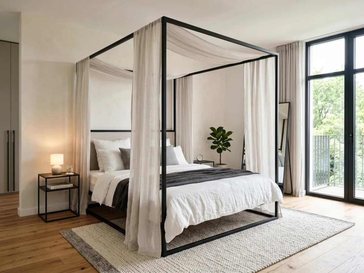 Tempat tidur kanopi berangka besi minimalis hitam dengan tirai kain putih transparan yang menjuntai di kamar tidur terang