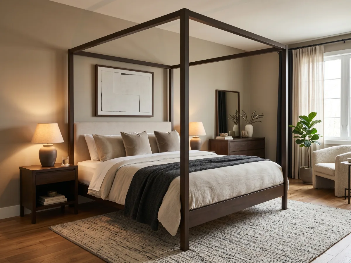 Tempat tidur dengan empat tiang kayu berwarna gelap berdesain klasik tanpa tirai di dalam kamar tidur kontemporer yang elegan