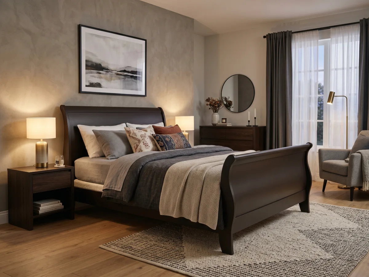 Tempat tidur berdesain sleigh dari kayu gelap dengan sandaran kepala dan kaki yang melengkung klasik di kamar bernuansa hangat