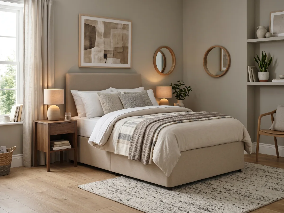 Tempat tidur jenis divan berlapis kain warna netral dengan sandaran kepala empuk yang serasi di kamar bernuansa kalem
