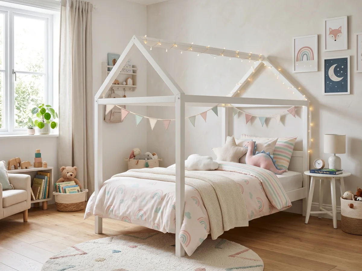 Tempat tidur anak dengan rangka kayu putih berbentuk rumah yang dihiasi lampu tidur gantung dan bendera warna-warni