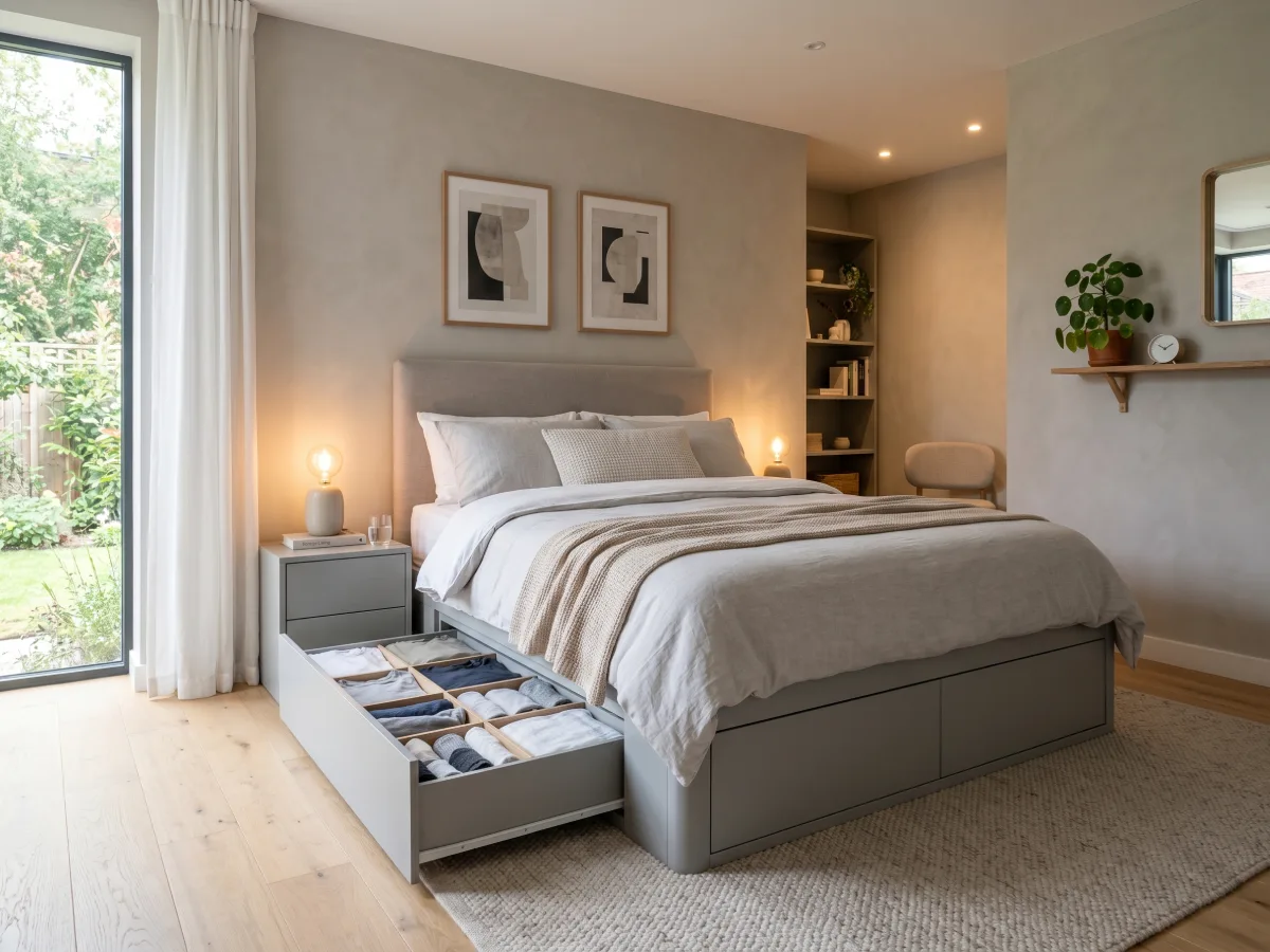 Tempat tidur storage bed warna abu-abu dengan laci penyimpanan samping yang ditarik keluar berisi pakaian rapi