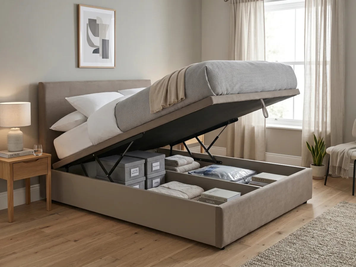 Tempat tidur ottoman bed berlapis kain krem dengan matras yang diangkat ke atas untuk menunjukkan ruang penyimpanan barang