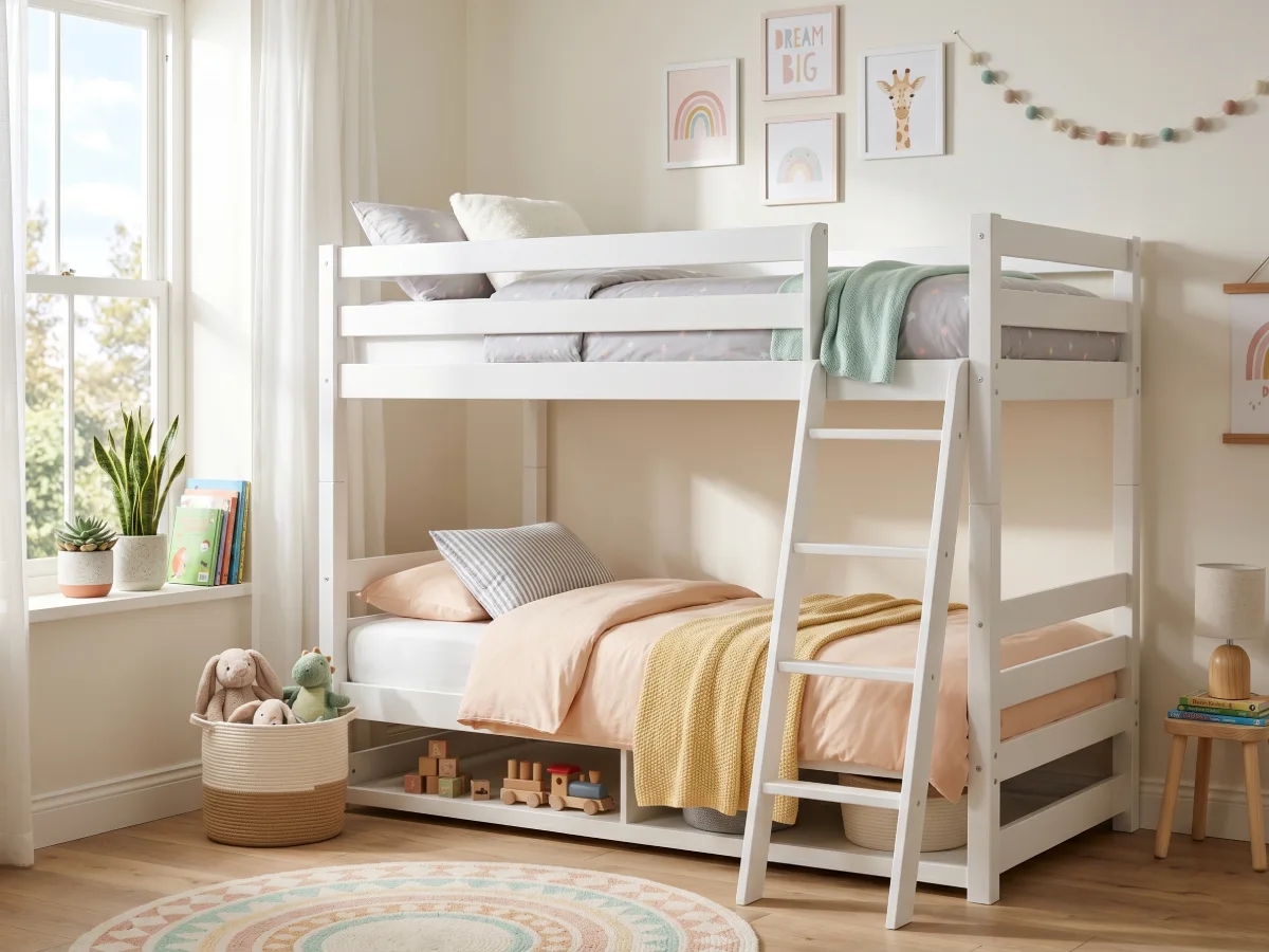 Tempat tidur tingkat bunk bed kayu warna putih dengan tangga di kamar tidur anak yang dihiasi dekorasi pastel