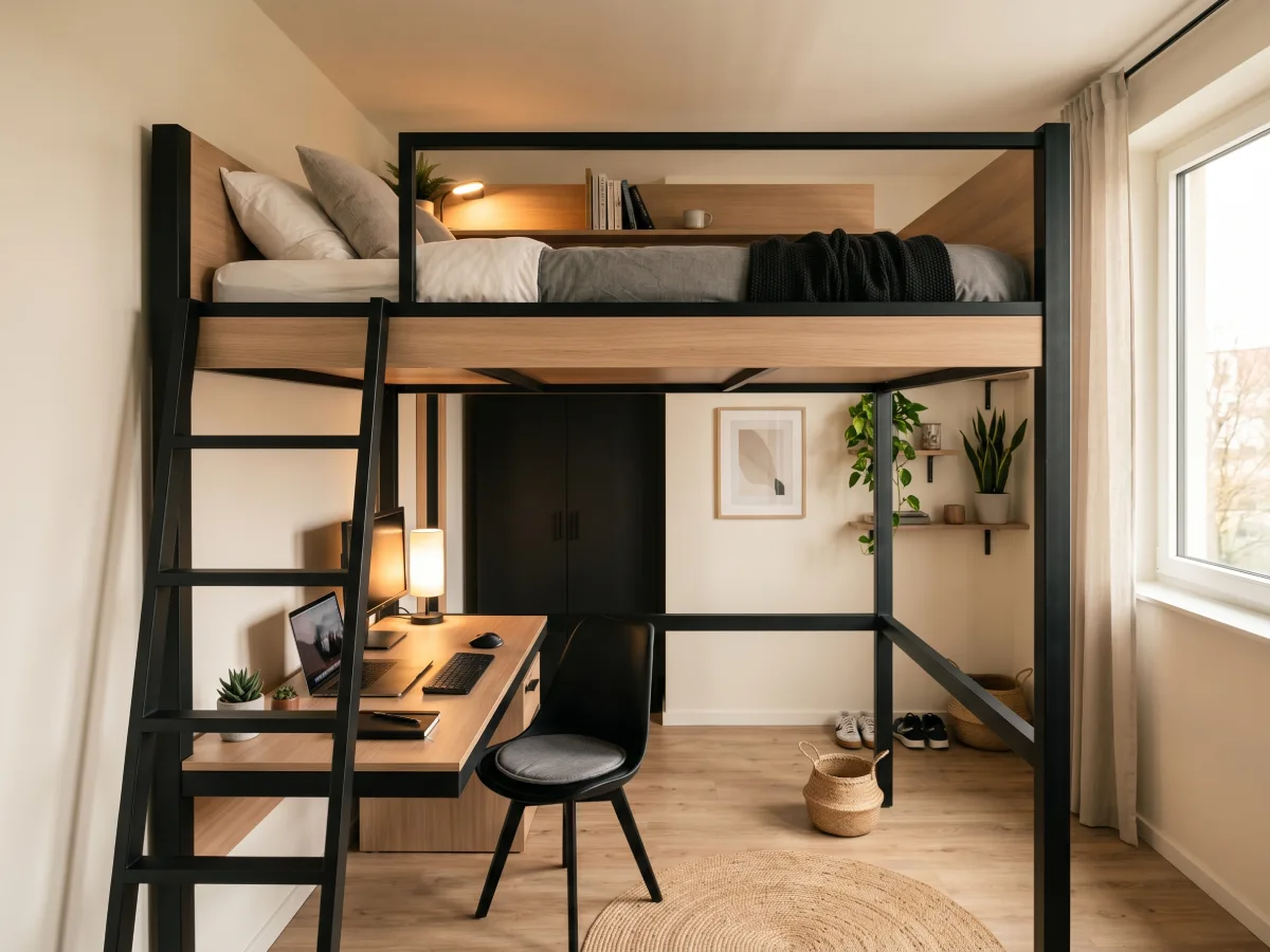Tempat tidur loteng loft bed rangka besi dan kayu dengan ruang kerja meja dan kursi di bagian bawahnya