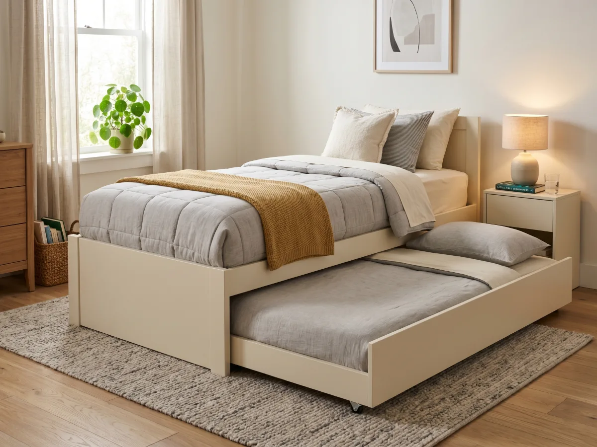 Tempat tidur sorong trundle bed warna krem dengan kasur bawah yang ditarik keluar di kamar tidur minimalis yang rapi