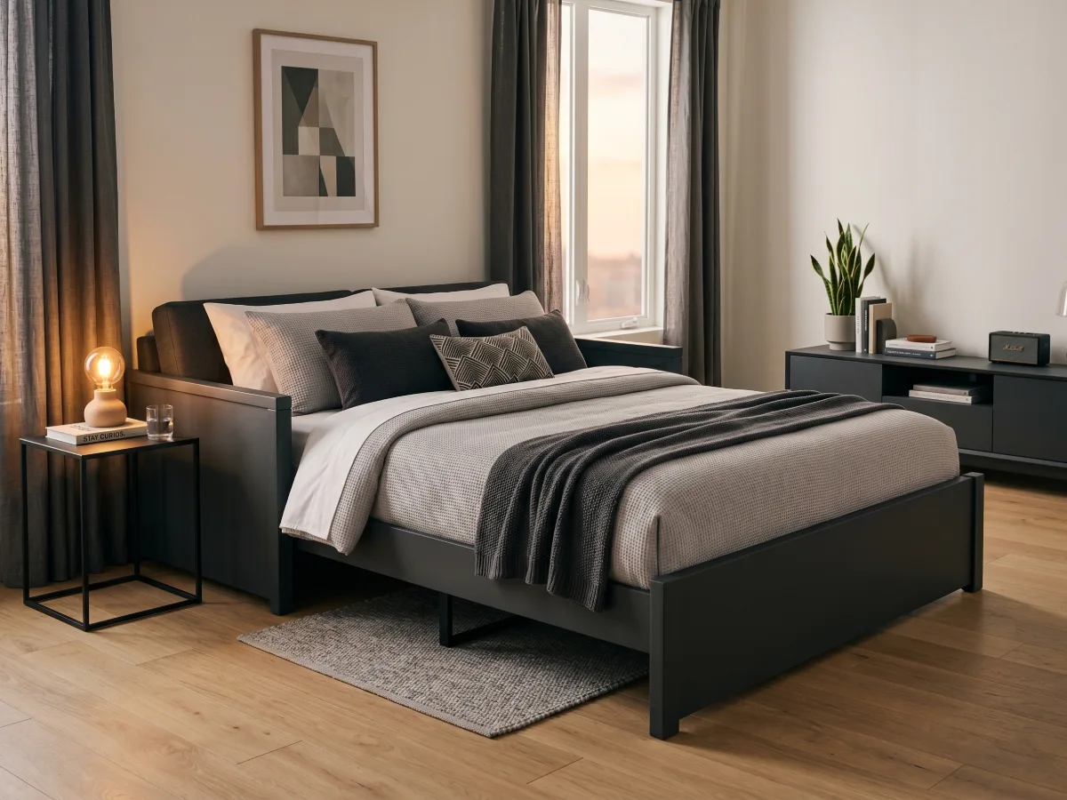 Tempat tidur sofa bed warna abu-abu gelap yang digelar di ruang tamu bergaya modern dengan pencahayaan hangat