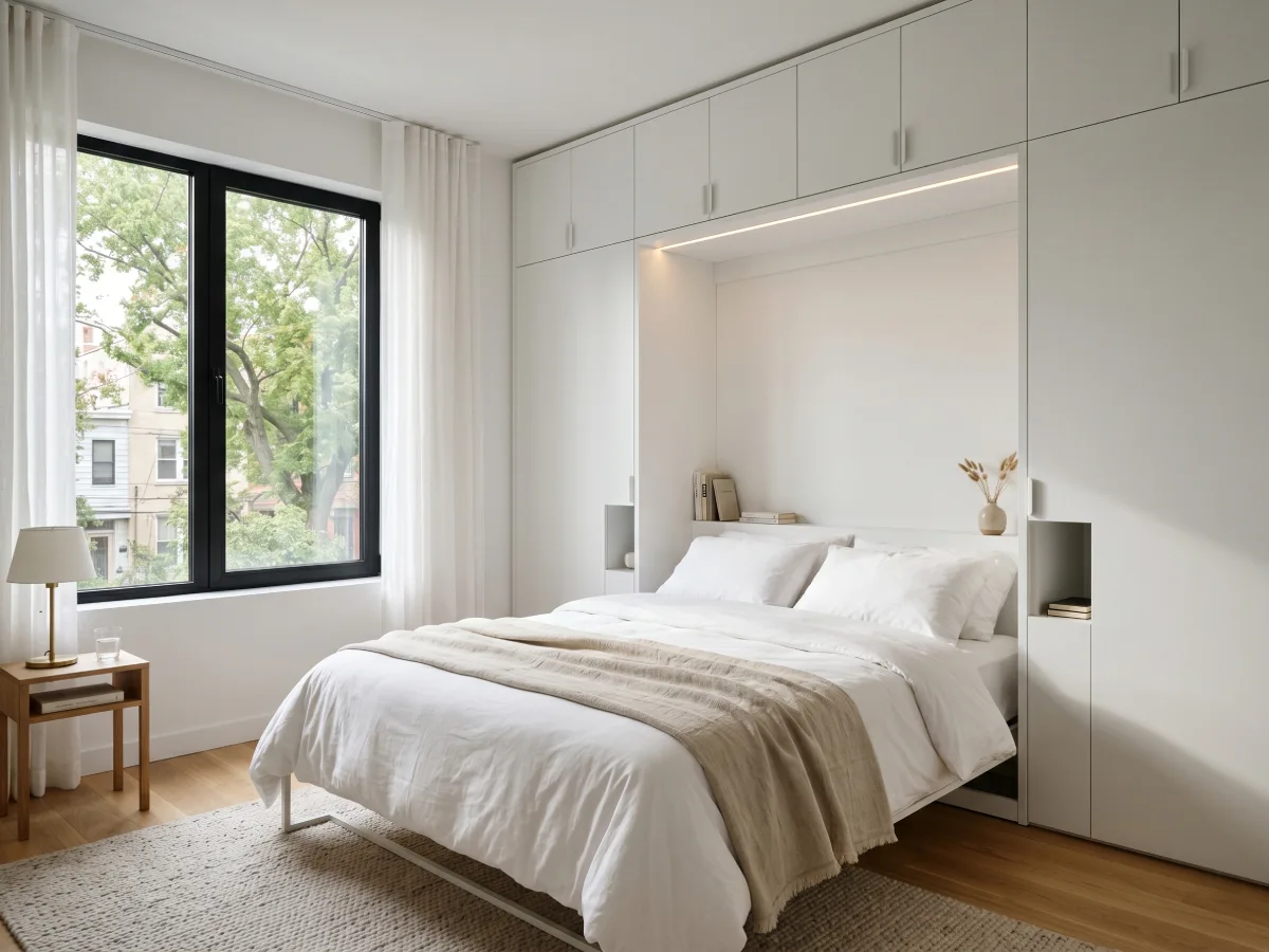 Tempat tidur lipat dinding murphy bed warna putih yang diturunkan dari kabinet lemari di kamar terang dengan jendela besar