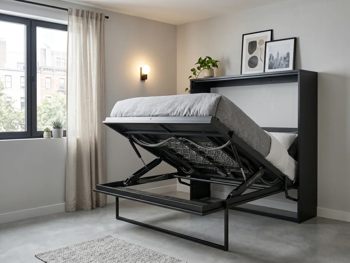 Tempat tidur lipat rangka besi hitam yang ditarik setengah terlipat ke dalam kabinet dinding di ruangan minimalis